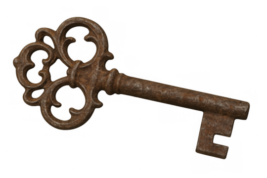 Ornate antique rusty skeleton key symbolizing access, mystery, security, and secrets on a transparent background