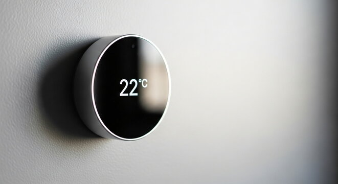 A smart thermostat displaying the temperature in degrees Celsius on the wall showcases modern climate control and energy efficiency in the home. On a clean, minimalist wall.