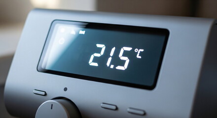 The digital display shows the temperature in degrees Celsius. A close-up of the modern device with a control knob for precise adjustment.