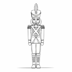 Delightful nutcracker soldier drawing ready for festive coloring pages or holiday crafts, a classic Christmas icon with intricate uniform details