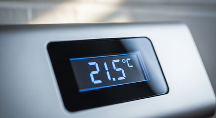 The digital display shows the temperature in degrees Celsius. A close-up of the modern device with a control knob for precise adjustment.