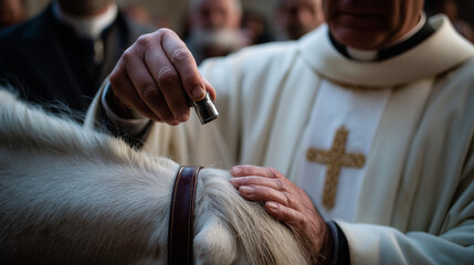 Priest anointing horse with holy oil during sacred animal blessing ceremony in traditional catholic ritual