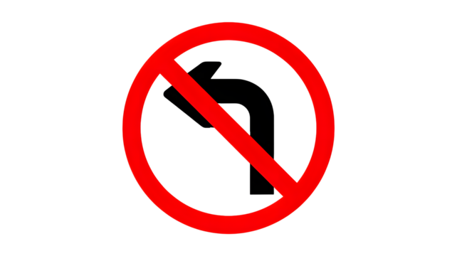 Bright red prohibition symbol with a diagonal line across an oval shape isolated on transparent background