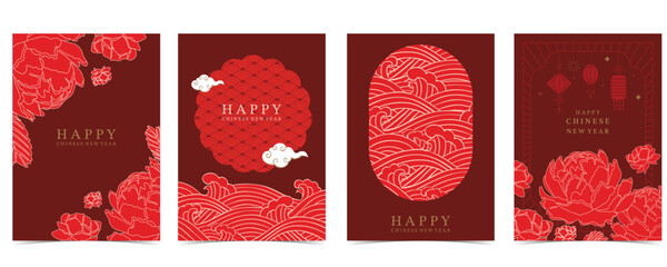 Chinese new year with peony,lantern,circle and minimal line frame on red background for postcard © piixypeach