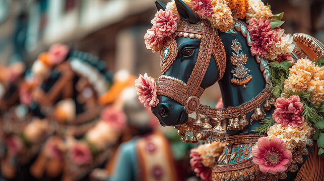 Decorated horses with floral garlands and jewelry leading the parade during the annual Horse Blessing Ceremony festival