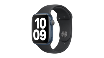 Modern smartwatch displays time on sleek blue case with dark band