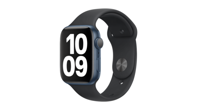 Modern smartwatch displays time on sleek blue case with dark band