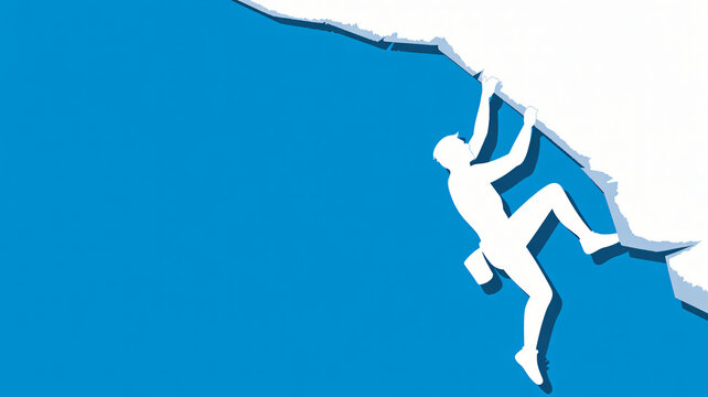 Man climbing steep cliff face reaching for success and achievement