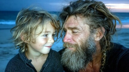 A man with a long beard and a young boy with blond hair share an affectionate moment on a beach as the sun sets.