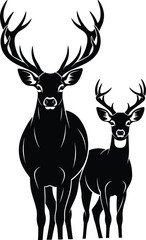  Black and White Silhouettes of Two Deer with Antlers for Wildlife, Forest, Nature, Animal, Decorative, Hunting, and Vector Design Use