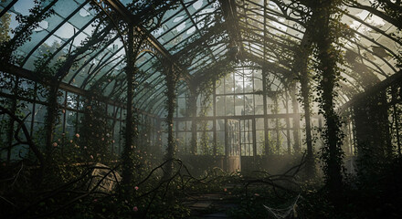 An abandoned greenhouse overgrown with vines and vegetation, with sunlight filtering through the dusty glass panes.