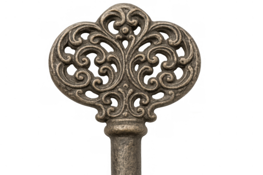 Ornate antique skeleton key, a vintage design object symbolizing access, security, secrets, solutions, and mystery. Transparent background