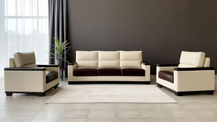Modern Beige and Brown Leather Sofa Set in Minimalist Living Room with Plant Accent