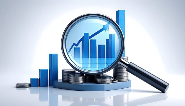 Growth Magnifying glass over coins and rising bar graph