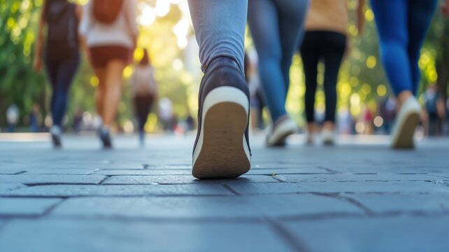 A focused shot on a shoe sole stepping forward on a stone pavement, with a blurred crowd walking through a sunlit city park
