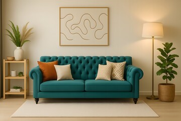 Modern Living Room with Teal Chesterfield Sofa and Warm Lighting – Contemporary Interior with Wooden Furniture, Abstract Wall Art, Houseplant and Cozy Home Decor