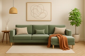Modern Minimalist Living Room with Green Sofa and Wooden Furniture – Scandinavian Home Interior with Potted Plant, Wall Art, Cozy Lighting and Warm Neutral Color Palette