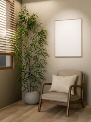 Blank frame over wooden armchair and bamboo in parquet floor room with sunlight through window blind