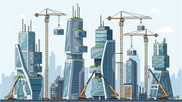 Illustrative urban construction scene with skyscrapers, cranes, and building progress