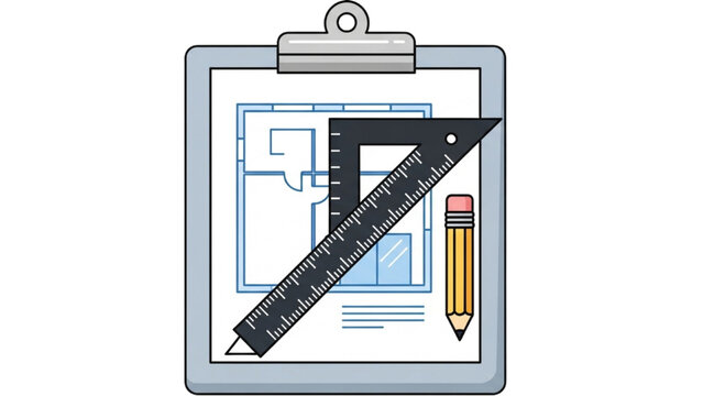 Architectural Planning and Design Concept with Blueprint, Ruler, and Pencil on Clipboard for Construction Projects