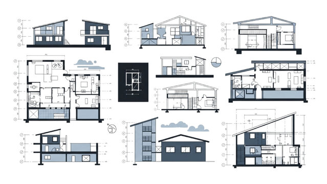 Detailed Vector Illustrations of Modern House Blueprints and Interior Layouts for Architectural Design and Planning