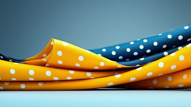 Two draped pieces of fabric, one yellow and one blue, both with white polka dots, are arranged in a flowing, wave-like pattern against a soft gray background.