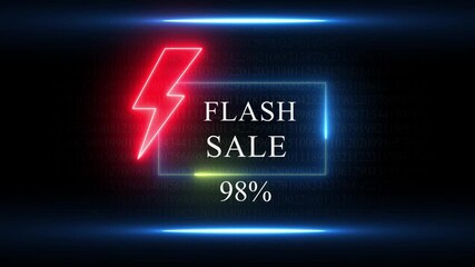 Neon red lightning bolt and text FLASHSALE 98% with digital code background and blue light beams