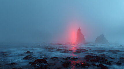 Ethereal Misty Landscape of Iceland with Dramatic Red Glow on Rocky Coastline at Dawn