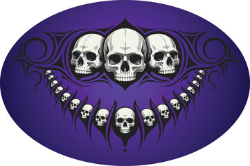 ornate tribal patterns, purple background, gothic tattoo vector, fantasy death motif, horror ink illustration, dark silhouette, decorative composition