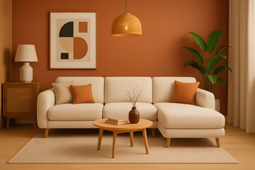 Modern Terracotta Living Room with Beige Sofa and Wooden Furniture – Warm Earth Tone Interior with Cozy Lighting, Minimal Decor, Abstract Wall Art and Scandinavian Home Design