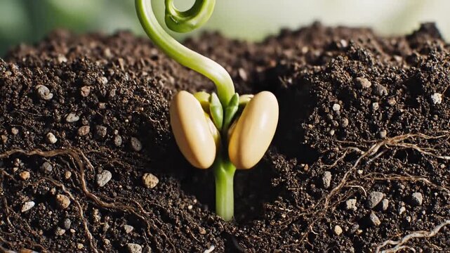 Seedling Emergence from Soil Ground View Revealing Root System and Young Green Leaves in Bright Outdoor Lighting for an Adobe Stock Photo Style Image
