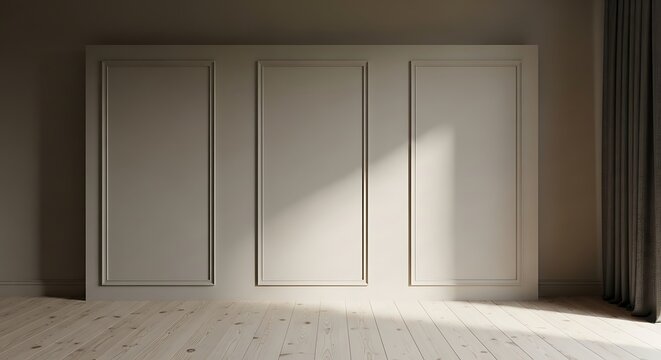 Elegant interior wall with three framed panels and natural light paneling molding