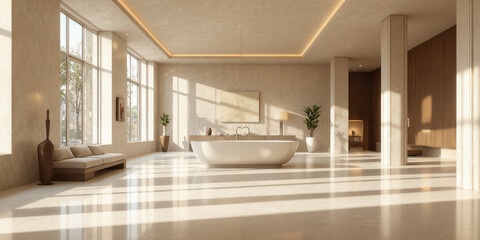 Fototapeta premium Warm light diffusion in champagne mist over marble pattern, timeless elegance and clarity, high-end product staging