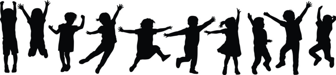 Jumping children silhouette vector set, playful kids in motion, black figures on white background for activity, freedom, childhood, fun, and graphic design