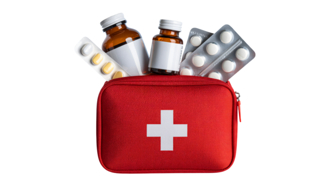 First aid kit with pills and bottles, ready for emergencies