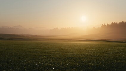 Obraz premium Field and trees in misty morning light.