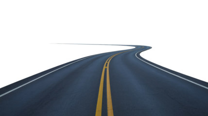 Winding asphalt road with yellow and white lines leads forward.