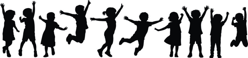 playful kids in motion, black figures on white background for activity, freedom, childhood, fun, and graphic design