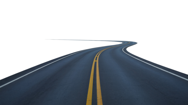 Winding asphalt road with yellow and white lines leads forward.