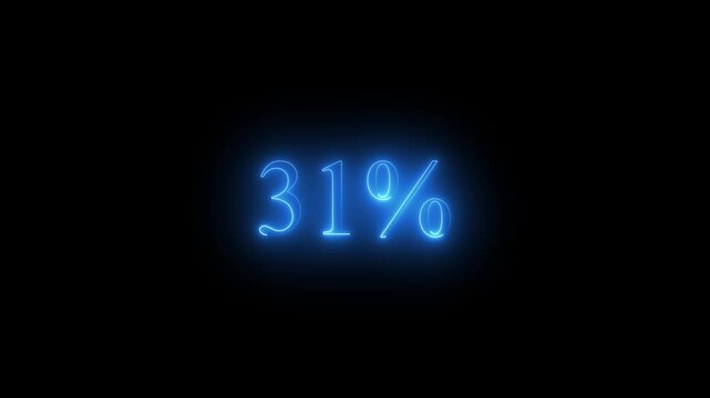 Blue neon 31 percent sign glowing on black background thirty one percent percentage