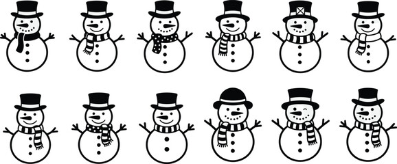 Cartoon snowman vector set, black and white winter icons, festive holiday characters, seasonal snowman illustrations, decorative snowman pack, playful snowman design collection