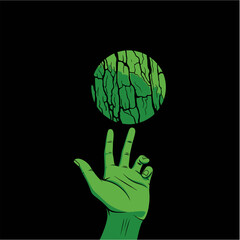 Green hand balancing a textured green sphere on its fingers against a black background.