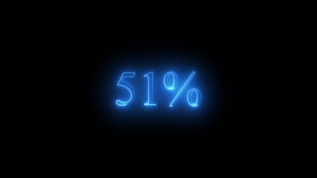 Blue neon 51 percent sign glowing on black background fifty one percent percentage