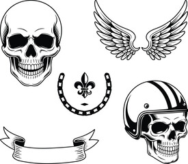 Vintage skull and symbol illustration set with wings, helmet, horseshoe, fleur-de-lis, ribbon banner, tattoo-style vector, gothic design, retro monochrome art