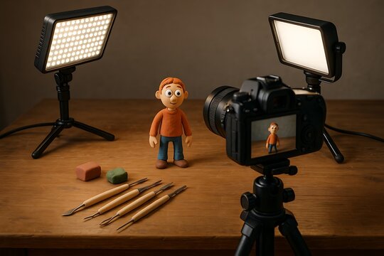 Stop Motion Animation Setup with Clay Character and Studio Lighting