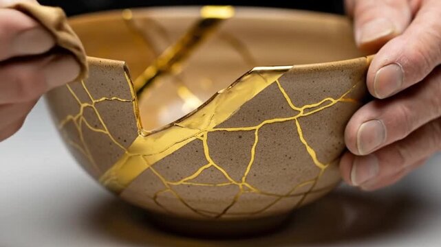 A person's hands are carefully repairing a broken brown ceramic bowl using the japanese art of kintsugi, mending the cracks with gold lacquer while polishing the rim with a cloth.

