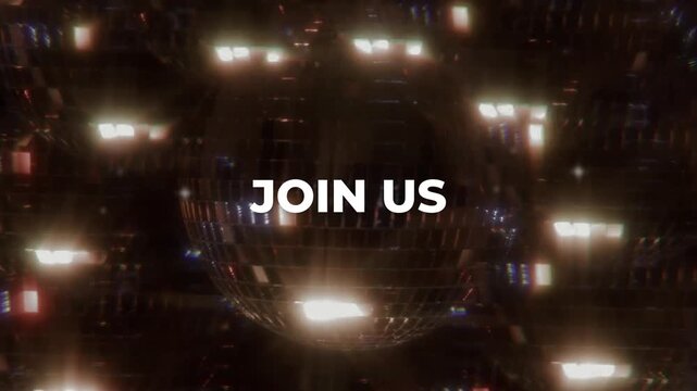 "Join Us" text on a vibrant, sparkling disco-themed background, perfect for party invitations or event promotions.