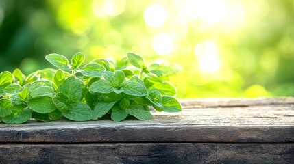 A bunch of fresh, vibrant green mint leaves rests on a weathered wooden table, bathed in soft, sunlit bokeh.