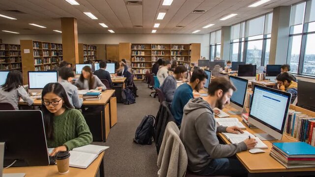 Busy Library Scene with Students Studying at Desks Under Bright Overhead Lighting with Bookshelves Full of Books and Computers in the Background