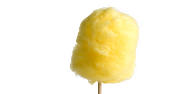 Yellow Cotton Candy Cloud on a Wooden Stick Isolated on a White Background spun sugar sweet treat isolated on a transparent background